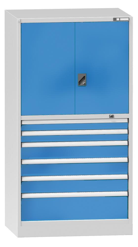 Schubladenschrank, 6 Schubladen: 2x100, 3x150, 1x250 mm, 1 Tür H 800 mm, 1 Tür H 800 mm, 1 Fachboden, BxTxH 1037x780x1950 mm, RAL 7035/5012