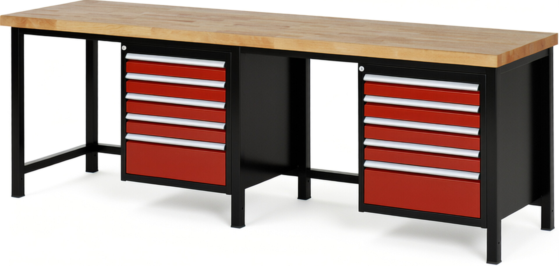 RAU Werkbank schwarz - rot - Breite 250 cm - Tiefe 70 cm - Höhe 104 cm - Buche-Massiv Arbeitsplatte 40 mm