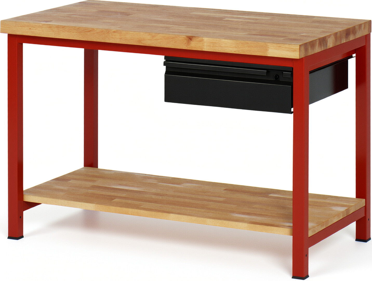 Werkbank - Modell 8001 BASIC rot - schwarz, BxTxH 1250x700x840-1040 mm,  Buche-Massiv Arbeitsplatte 40 mm,  1 Schublade mit  Auszug 90 %