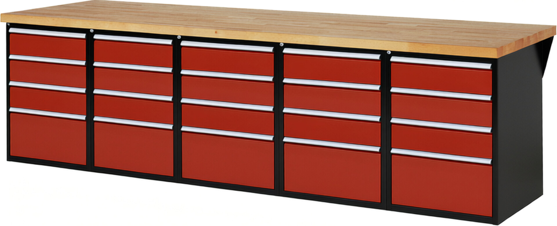 RAU Werkbank schwarz - rot - Breite 300 cm - Tiefe 90 cm - Höhe 89 cm - Buche-Massiv Arbeitsplatte 40 mm