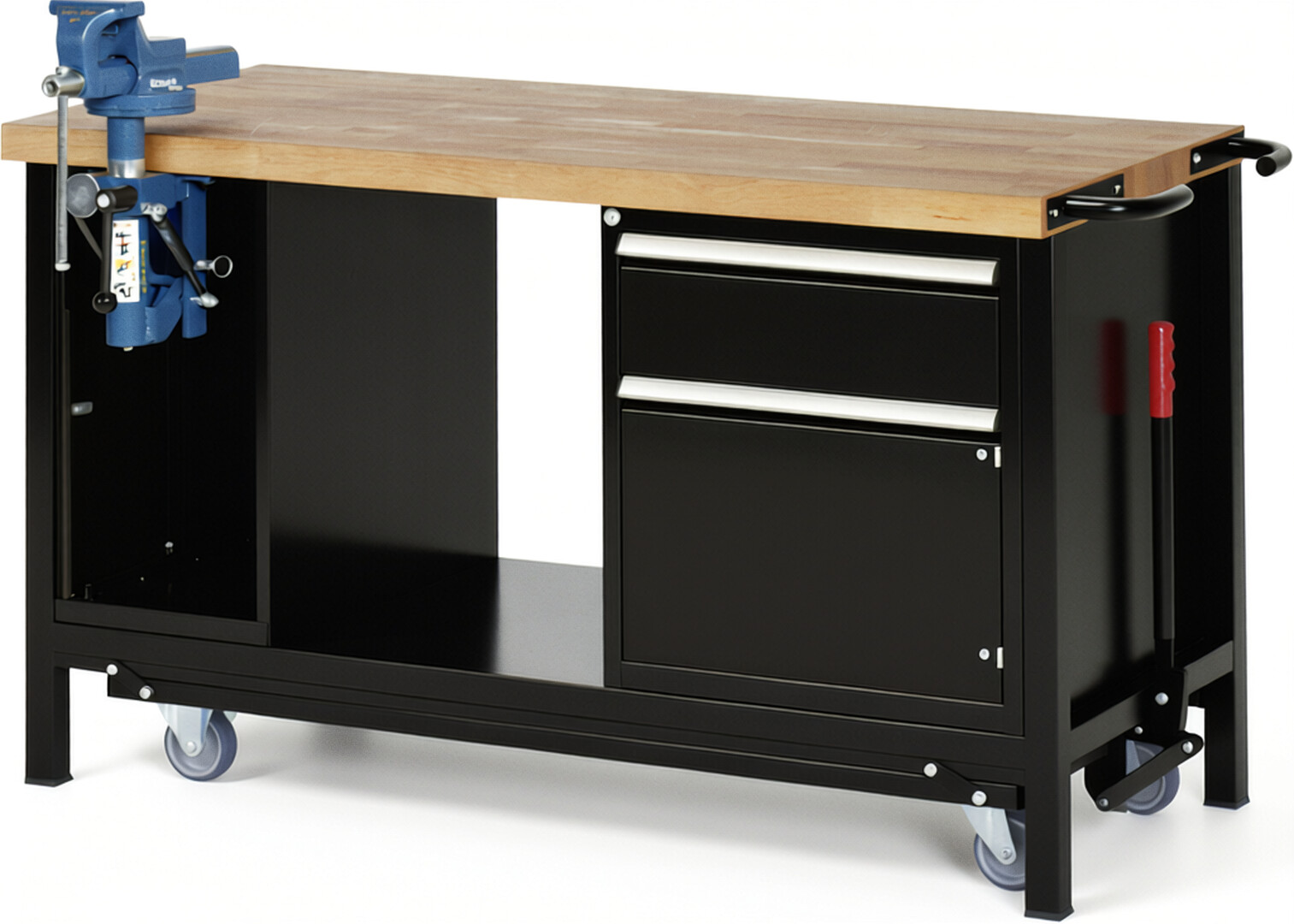 Absenkbare Werkbank Modell 8181 schwarz, BxTxH 1500x700x880 mm,  Buche-Massiv Arbeitsplatte 40 mm,  1 Schublade mit  Auszug 90 %