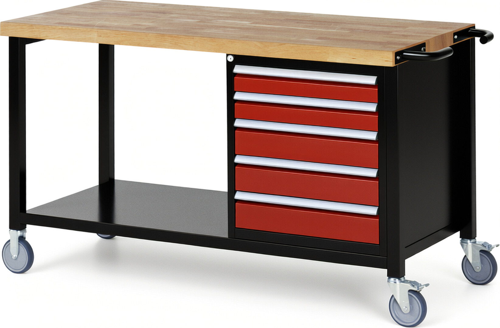 RAU Werkbank schwarz - rot - Breite 150 cm - Tiefe 70 cm - Höhe 108 cm - Buche-Massiv Arbeitsplatte 40 mm