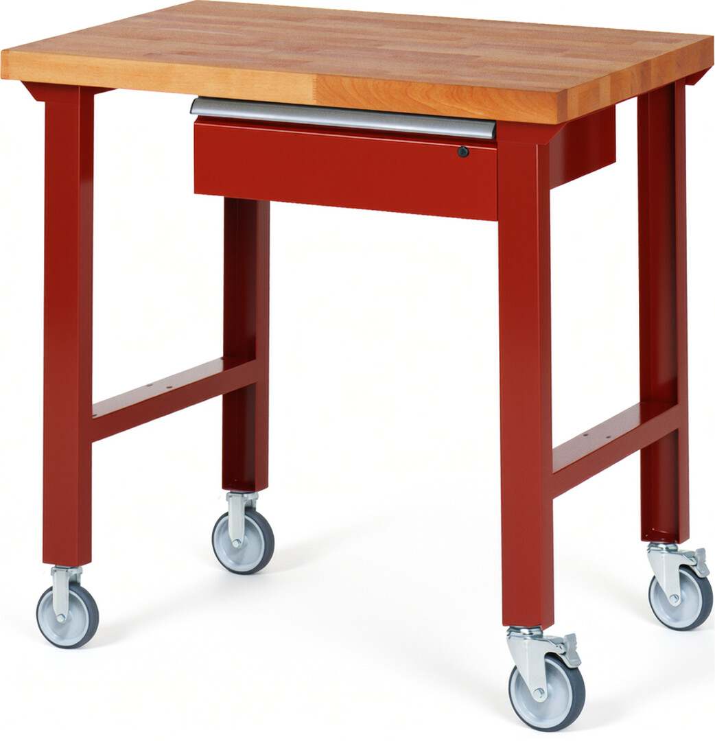 Fahrbare Werkbank Modell 7001 rot, BxTxH 1000x700x1000 mm,  Buche-Massiv Arbeitsplatte 40 mm,  1 Schublade mit  Auszug 90 %