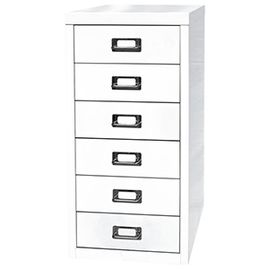 Schubladenschrank aus Stahl, BxTxH 279x380x590 mm, 6 Schubladen 87 mm, DIN A4, verkehrsweiß