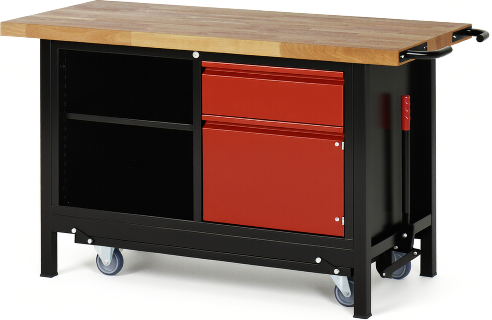 RAU Werkbank schwarz - rot - Breite 150 cm - Tiefe 70 cm - Höhe 88 cm - Buche-Massiv Arbeitsplatte 40 mm