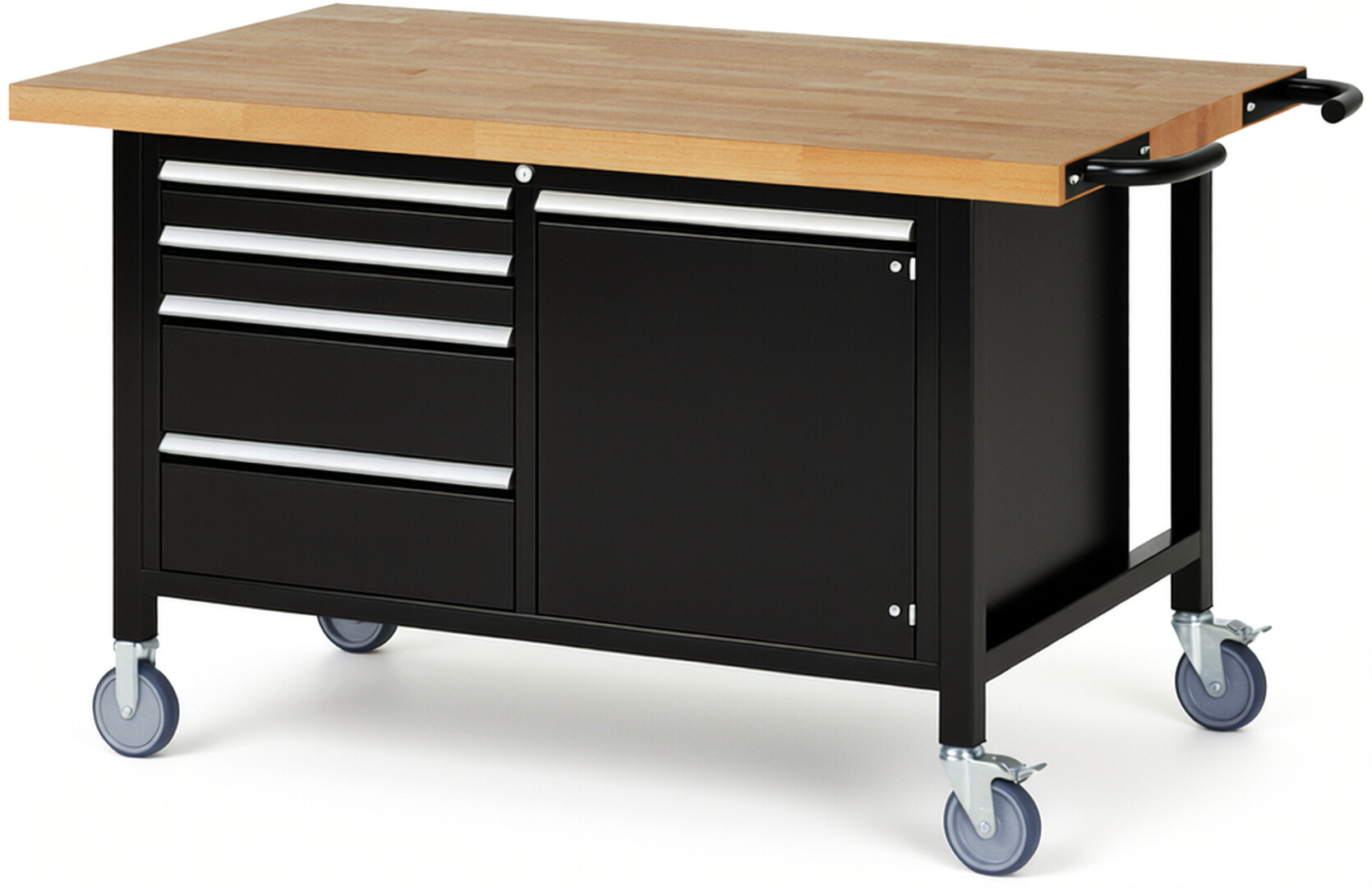 RAU Werkbank schwarz - Breite 150 cm - Tiefe 90 cm - Höhe 108 cm - Buche-Massiv Arbeitsplatte 40 mm