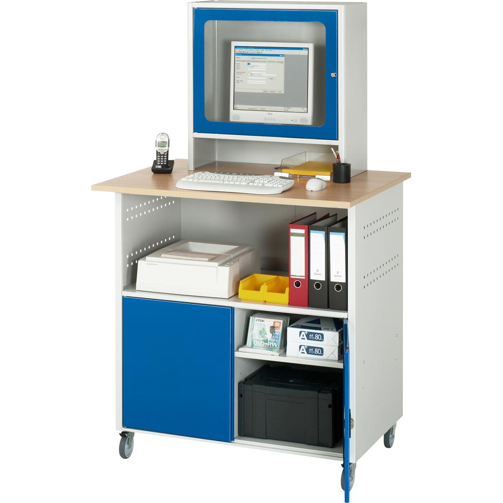 PC Schrank, EDV-Schrank, Buche-Dekor-Platte 25 mm stark, fahrbar, links 1 Fach, rechts 2 Fächer, mit Monitorgeh. T 300 mm, BxTxH 1000x800x1100 mm, RAL 7035/5010