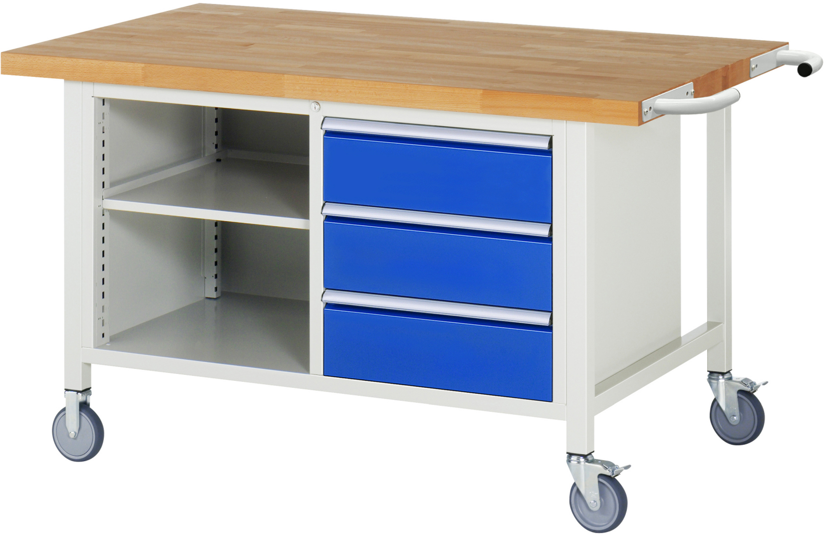 Fahrbare Werkbank Modell 8462,  BxTxH 1500x900x880-1080 mm,  Buche-Massiv Arbeitsplatte 40 mm,  3 Schubladen mit  Vollauszug 100 % und  SoftClosing