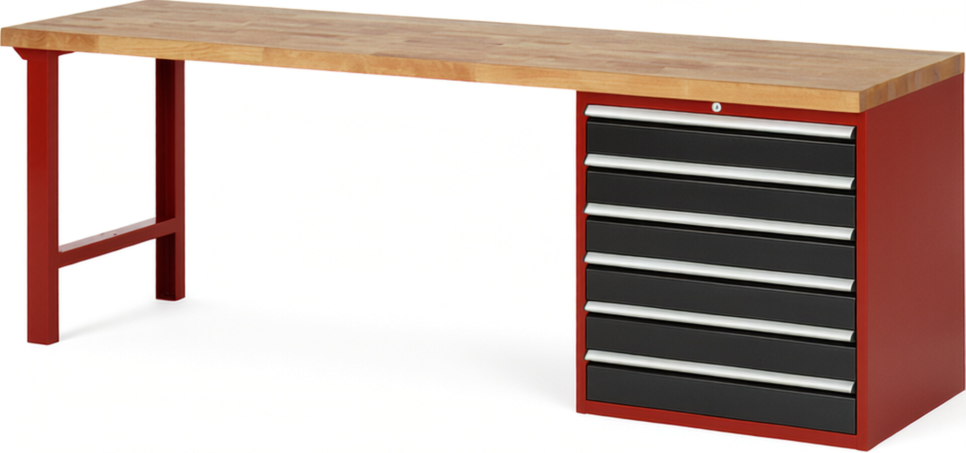 Werkbank Modell 7616 rot - schwarz, BxTxH 2500x700x890 mm,  Buche-Massiv Arbeitsplatte 40 mm,  6 Schubladen mit  Vollauszug 100 % und  SoftClosing