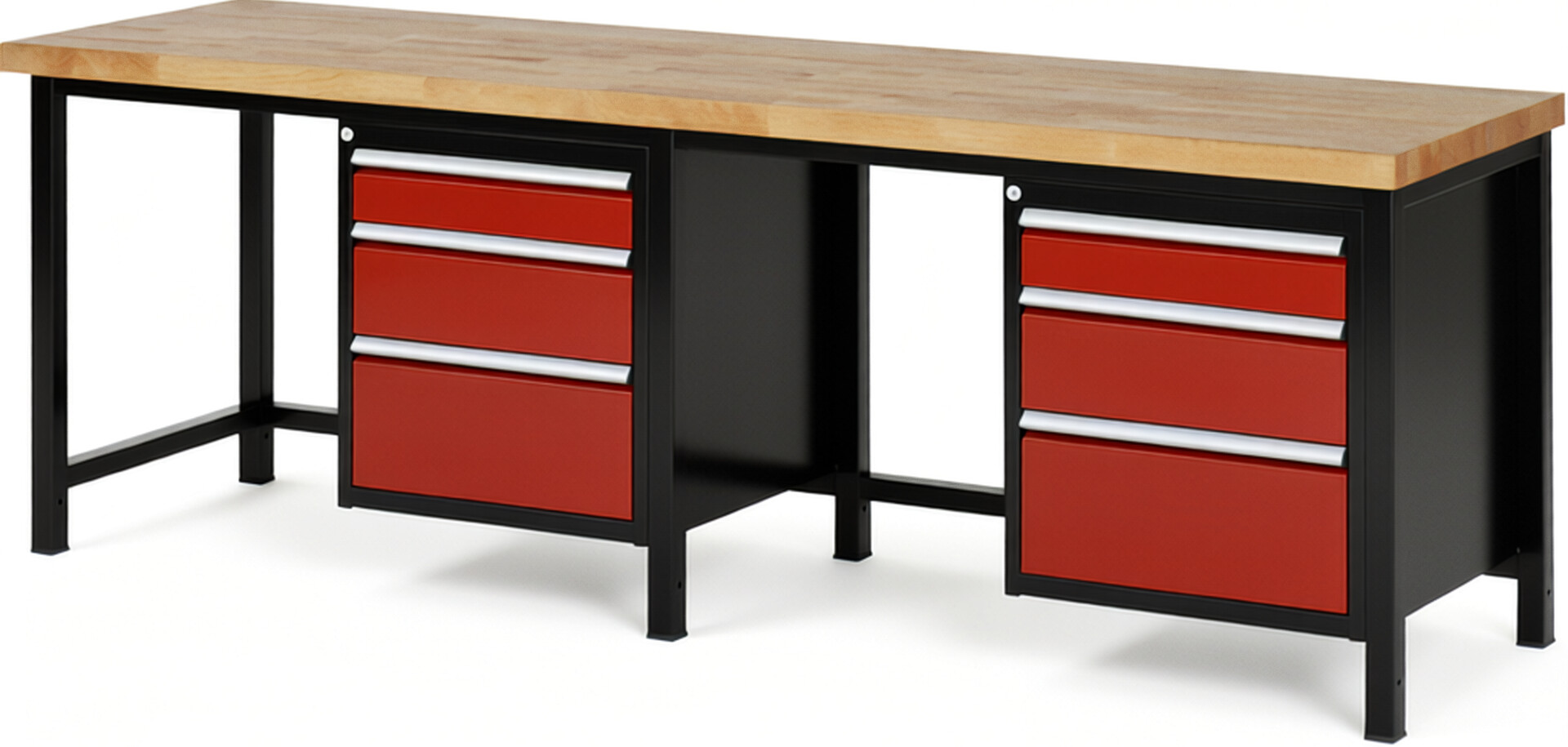 RAU Werkbank schwarz - rot - Breite 250 cm - Tiefe 70 cm - Höhe 104 cm - Buche-Massiv Arbeitsplatte 40 mm