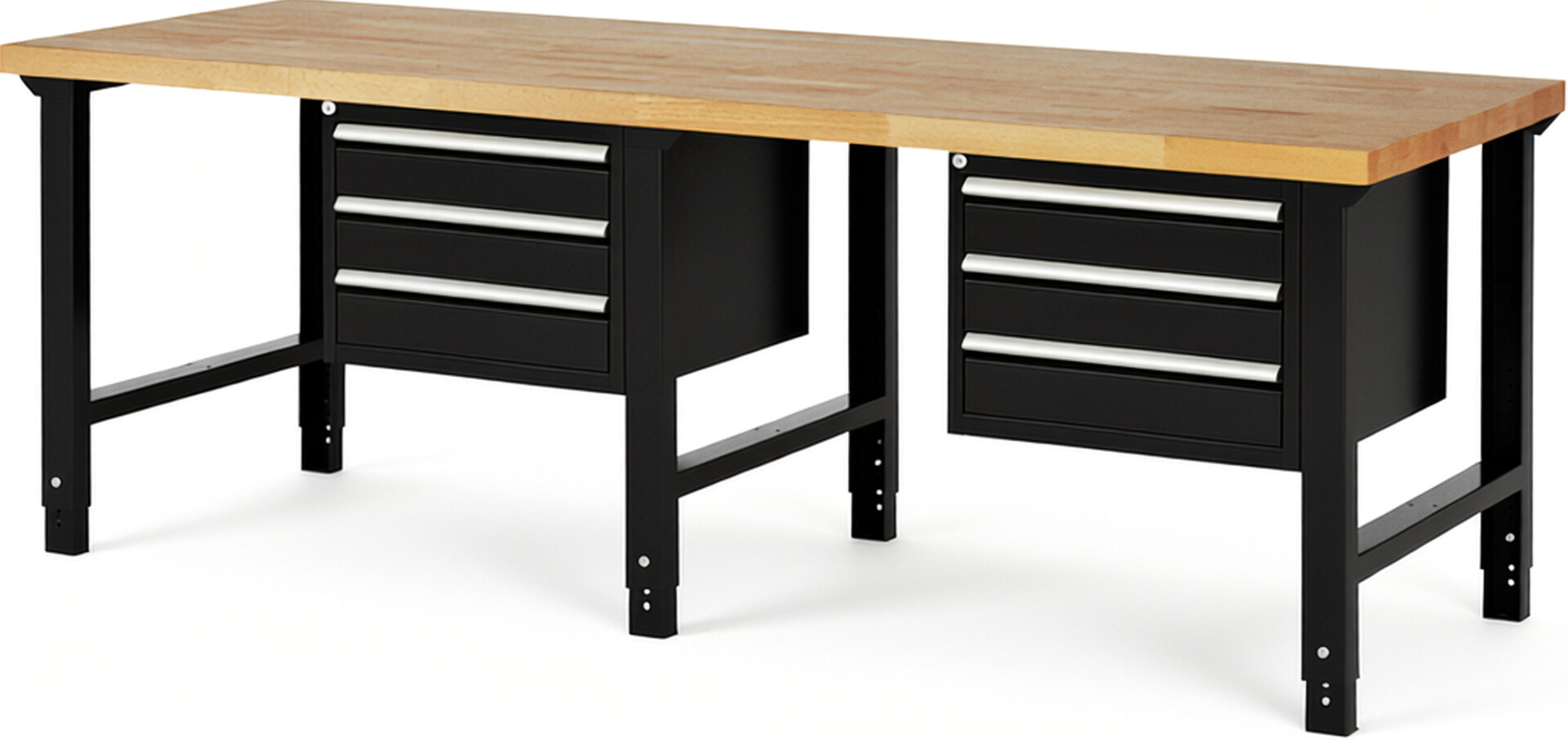 Werkbank Modell 7127 schwarz, BxTxH 2500x900x790-1140 mm,  Buche-Massiv Arbeitsplatte 40 mm,  6 Schubladen mit  Vollauszug 100 % und  SoftClosing