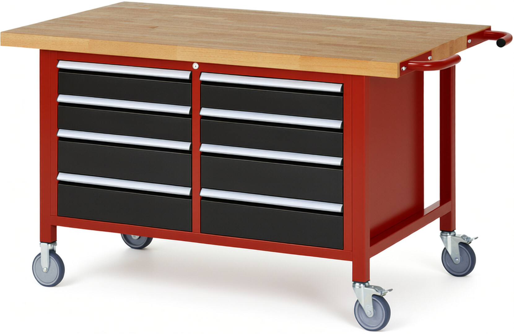 RAU Werkbank rot - schwarz - Breite 150 cm - Tiefe 90 cm - Höhe 108 cm - Buche-Massiv Arbeitsplatte 40 mm