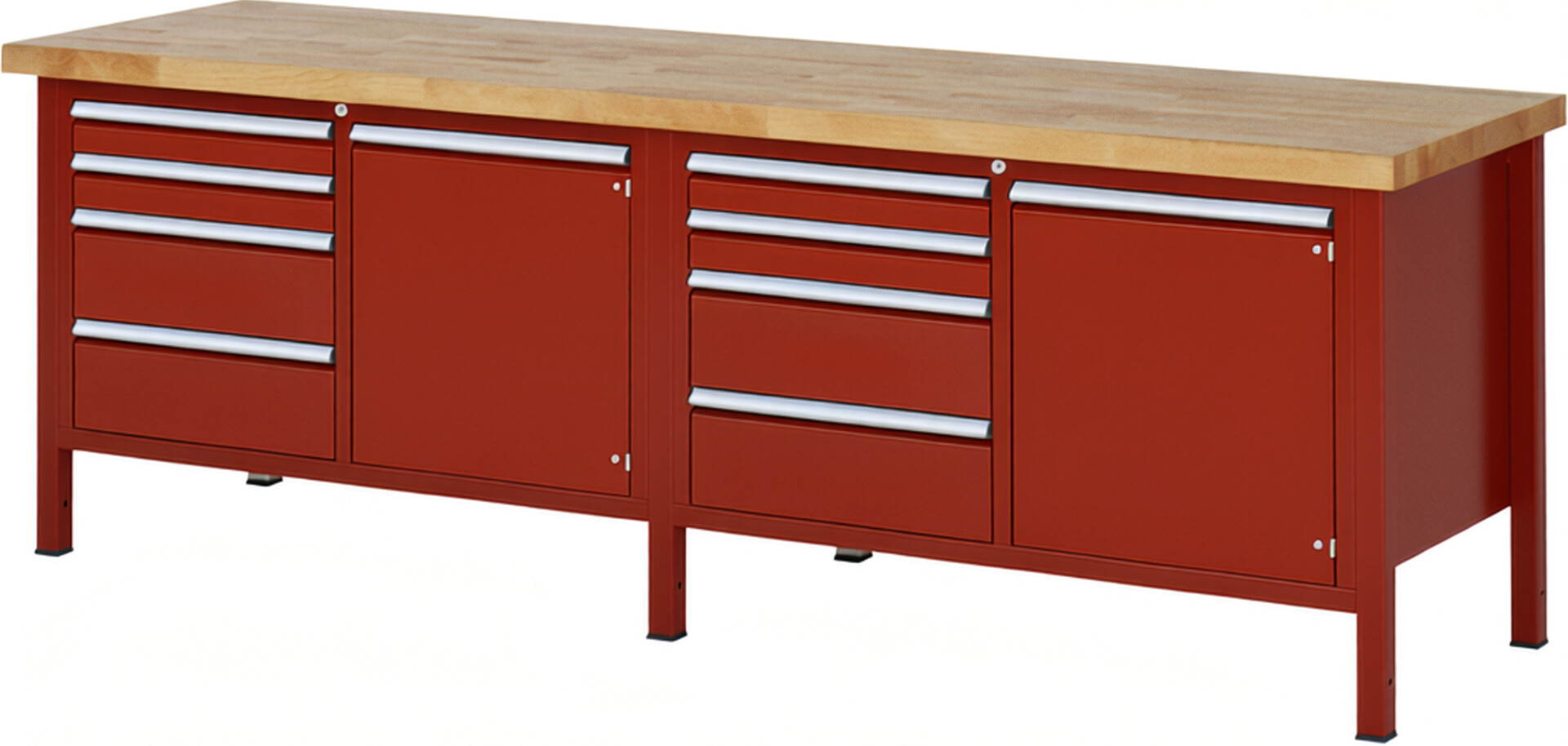 RAU Werkbank rot - Breite 250 cm - Tiefe 70 cm - Höhe 104 cm - Buche-Massiv Arbeitsplatte 40 mm