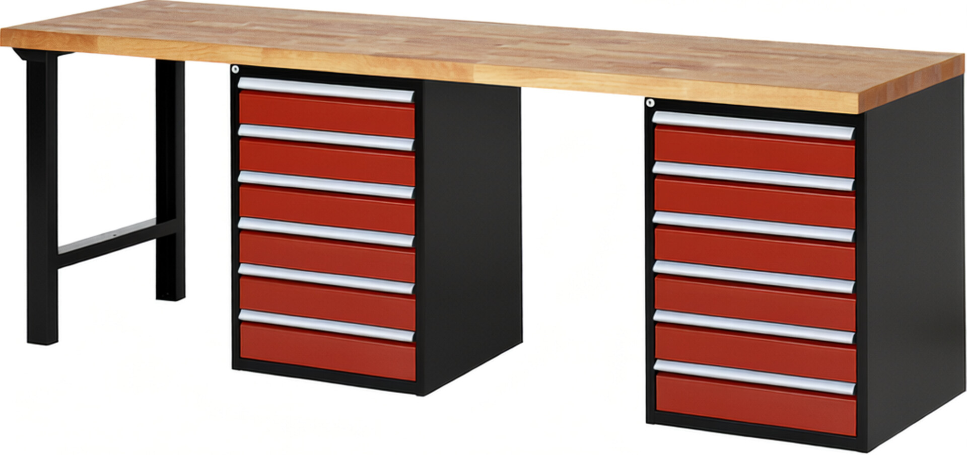 RAU Werkbank schwarz - rot - Breite 250 cm - Tiefe 70 cm - Höhe 84 cm - Buche-Massiv Arbeitsplatte 40 mm