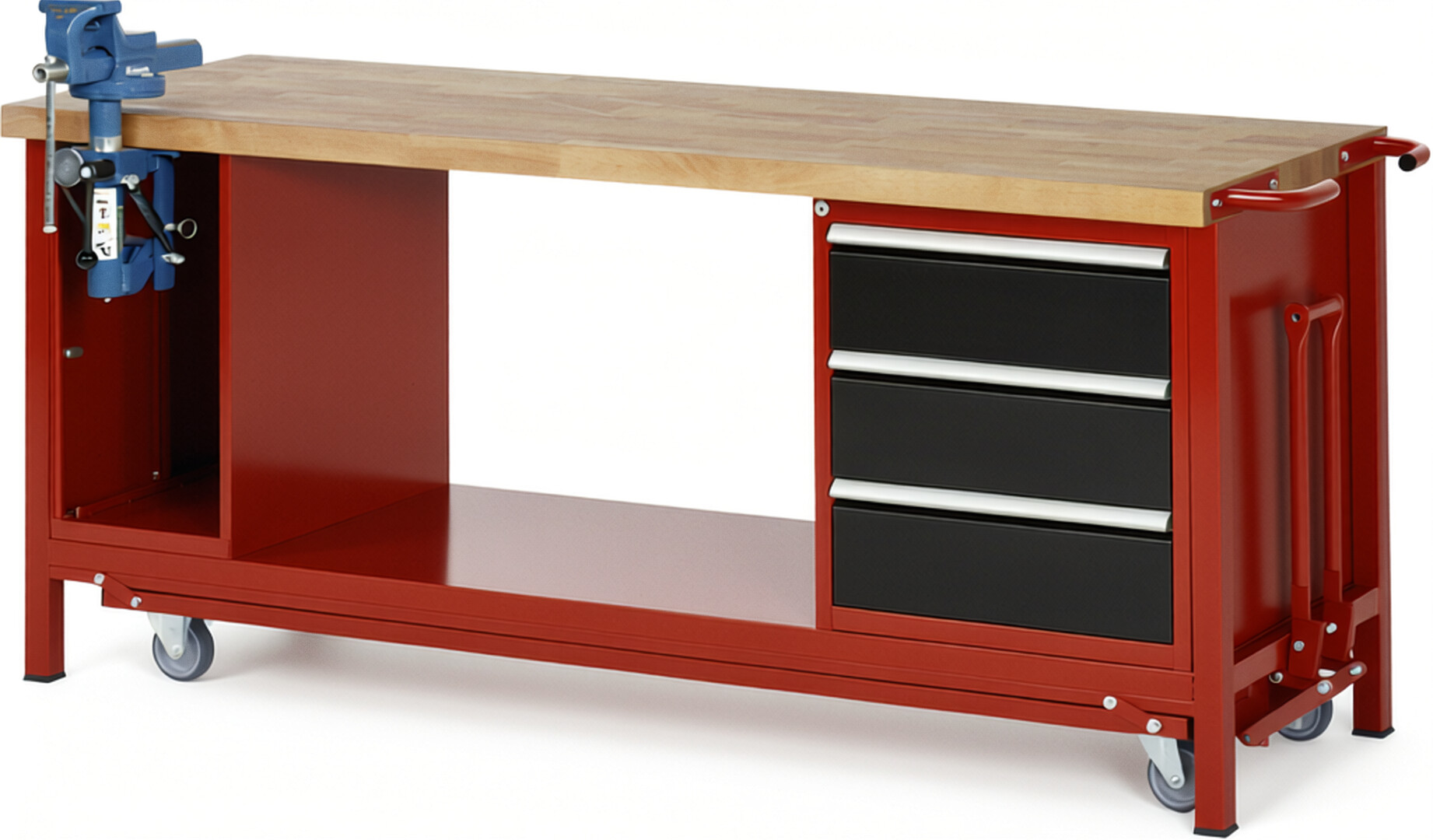 Absenkbare Werkbank Modell 8183 rot - schwarz, BxTxH 2000x700x880 mm,  Buche-Massiv Arbeitsplatte 40 mm,  3 Schubladen mit  Auszug 90 %