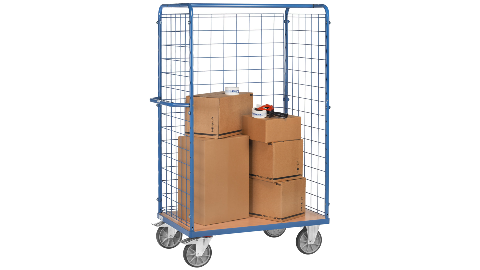 Etagenwagen, 3 Wände mit Drahtgitter, 4 Ladeflächen LxB 1000x700 mm, Außenmaße BxTxH 1169x709x1800 mm, Traglast 600 kg, RAL 5007 brillantblau