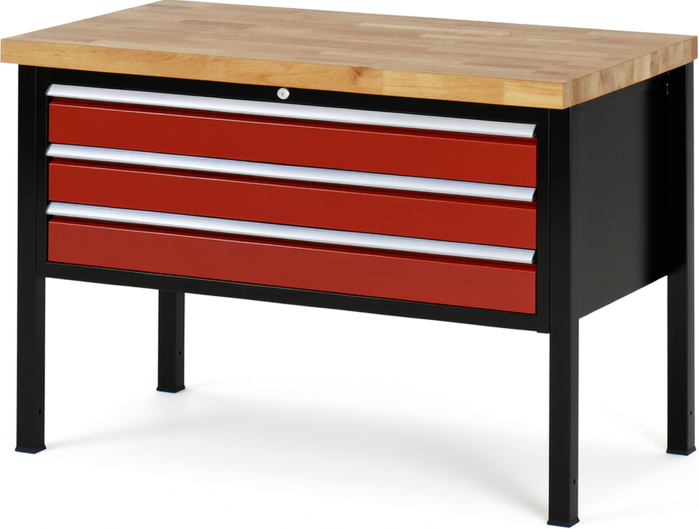 RAU Werkbank schwarz - rot - Breite 125 cm - Tiefe 70 cm - Höhe 104 cm - Buche-Massiv Arbeitsplatte 40 mm