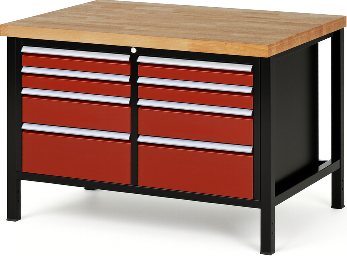 RAU Werkbank schwarz - rot - Breite 125 cm - Tiefe 90 cm - Höhe 104 cm - Buche-Massiv Arbeitsplatte 40 mm
