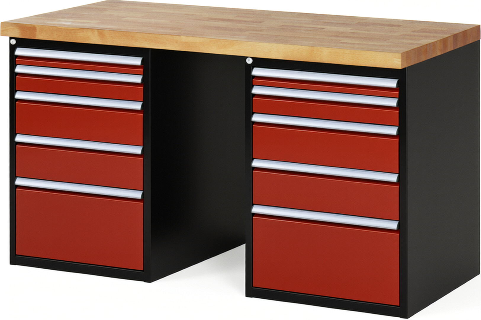 RAU Werkbank schwarz - rot - Breite 150 cm - Tiefe 70 cm - Höhe 84 cm - Buche-Massiv Arbeitsplatte 40 mm