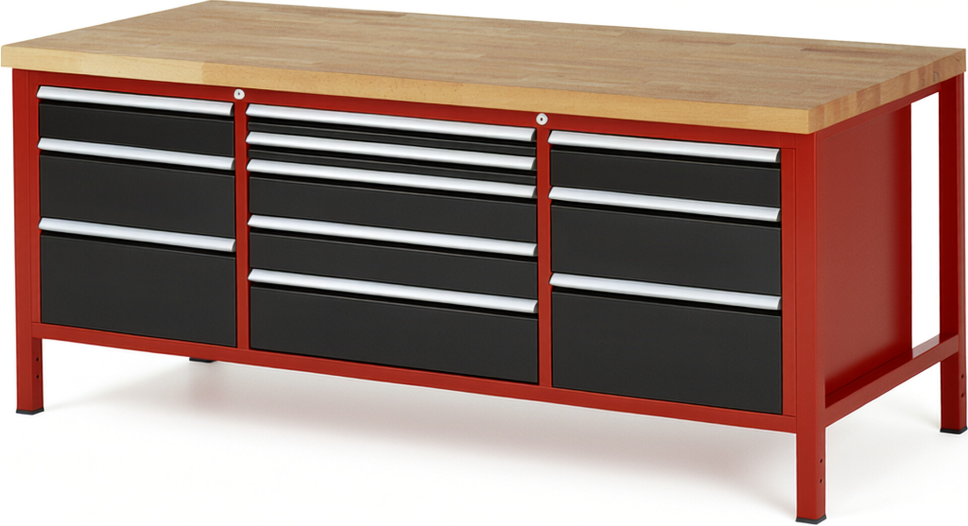 Werkbank Modell 8758 rot - schwarz, BxTxH 2000x900x840-1040 mm,  Buche-Massiv Arbeitsplatte 40 mm,  11 Schubladen mit  Auszug 90 %