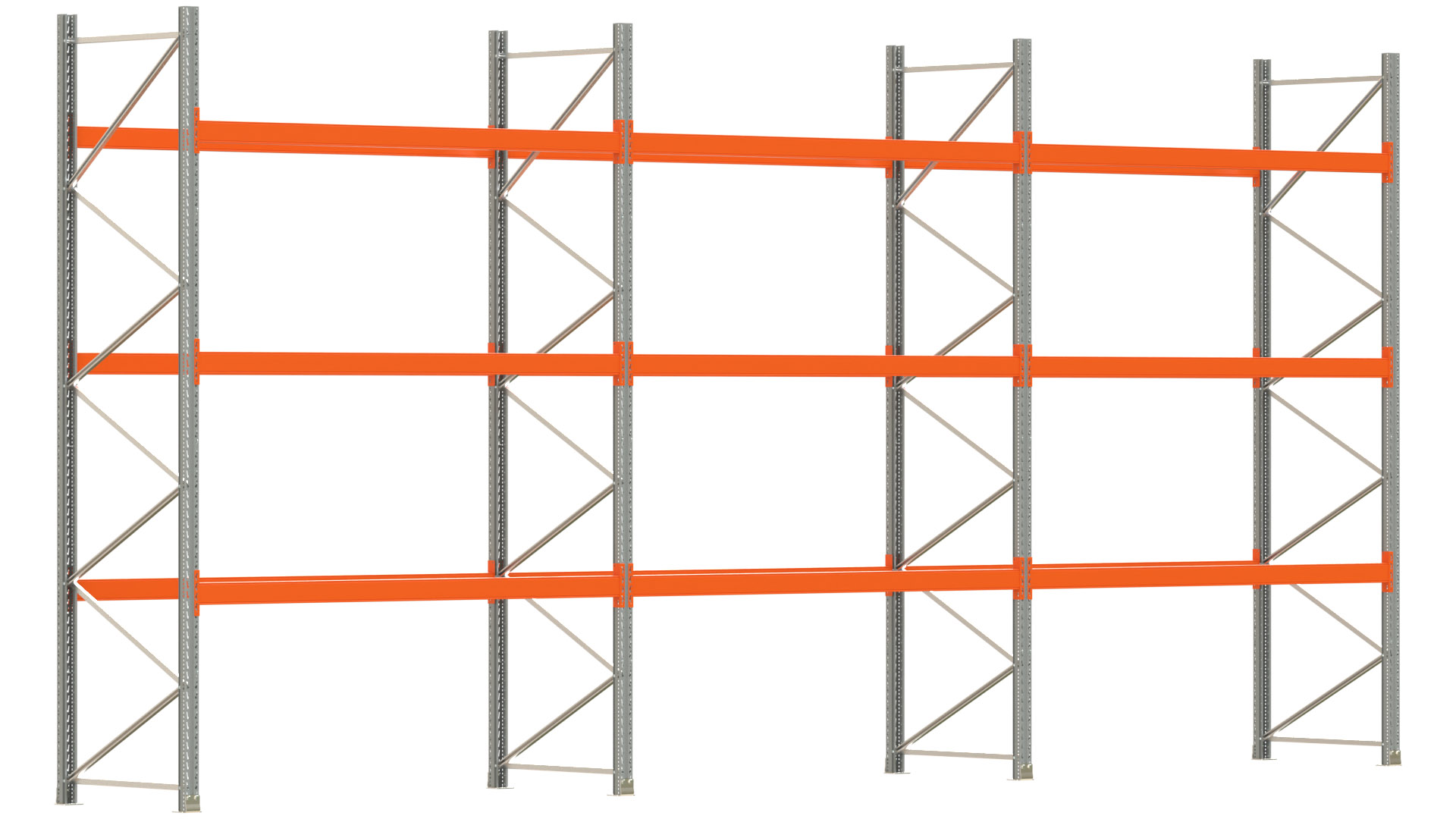 Palettenregal ARTUS - Breite 844 cm - Höhe 400 cm - Tiefe 110 cm - 3 Träger-Ebenen - max. Fachlast 2100 kg - 36 Palettenstellplätze