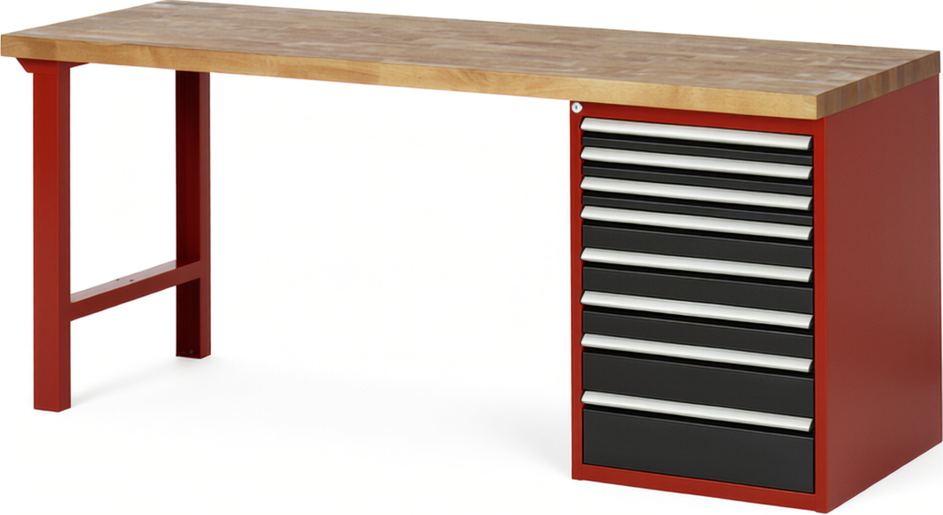 Werkbank Modell 7519 rot - schwarz, BxTxH 2000x700x840 mm,  Buche-Massiv Arbeitsplatte 40 mm,  8 Schubladen mit  Auszug 90 %