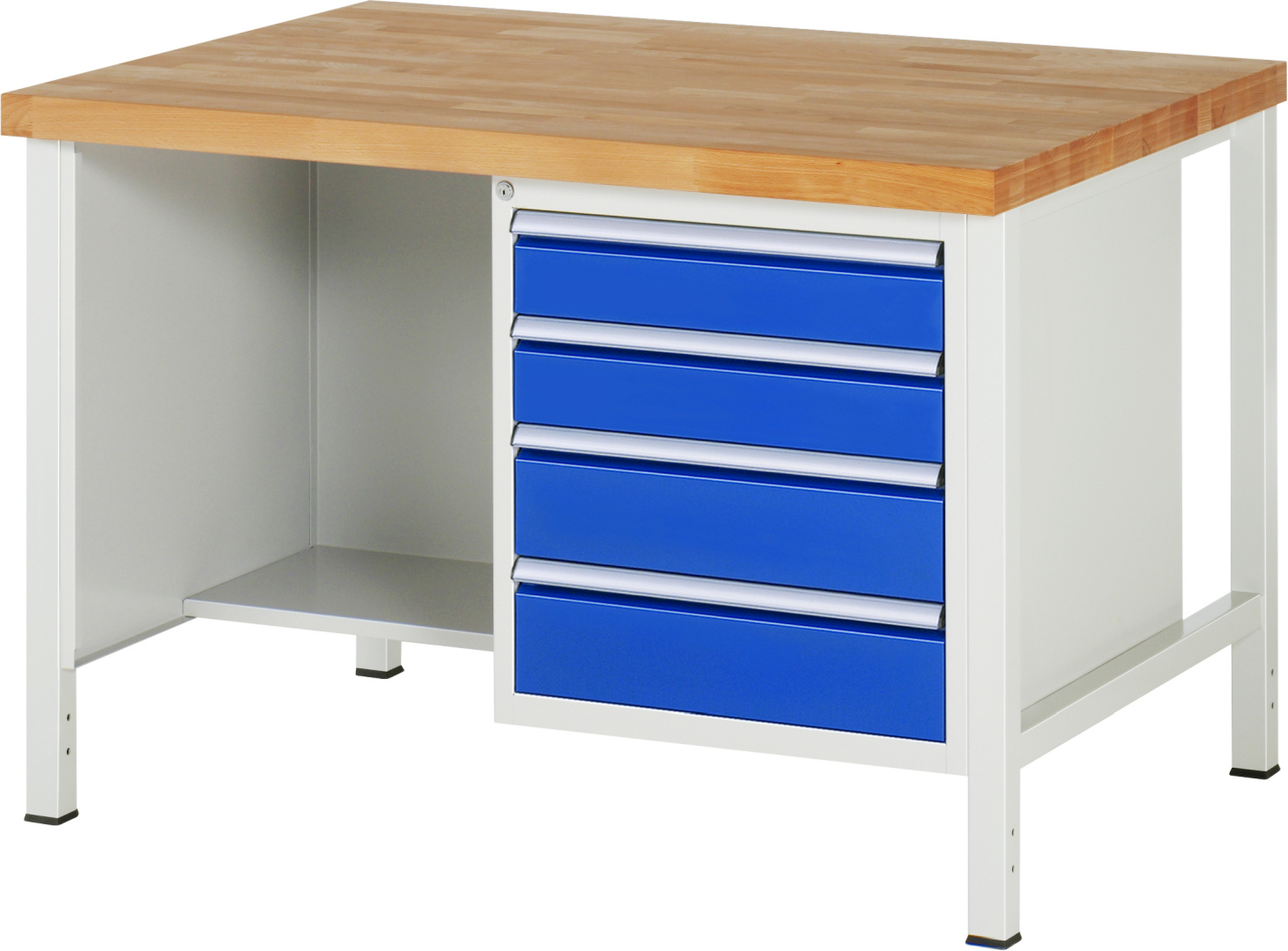 Werkbank Modell 8453 rot - schwarz, BxTxH 1250x900x840 mm,  Buche-Massiv Arbeitsplatte 40 mm,  4 Schubladen mit  Vollauszug 100 % und  SoftClosing