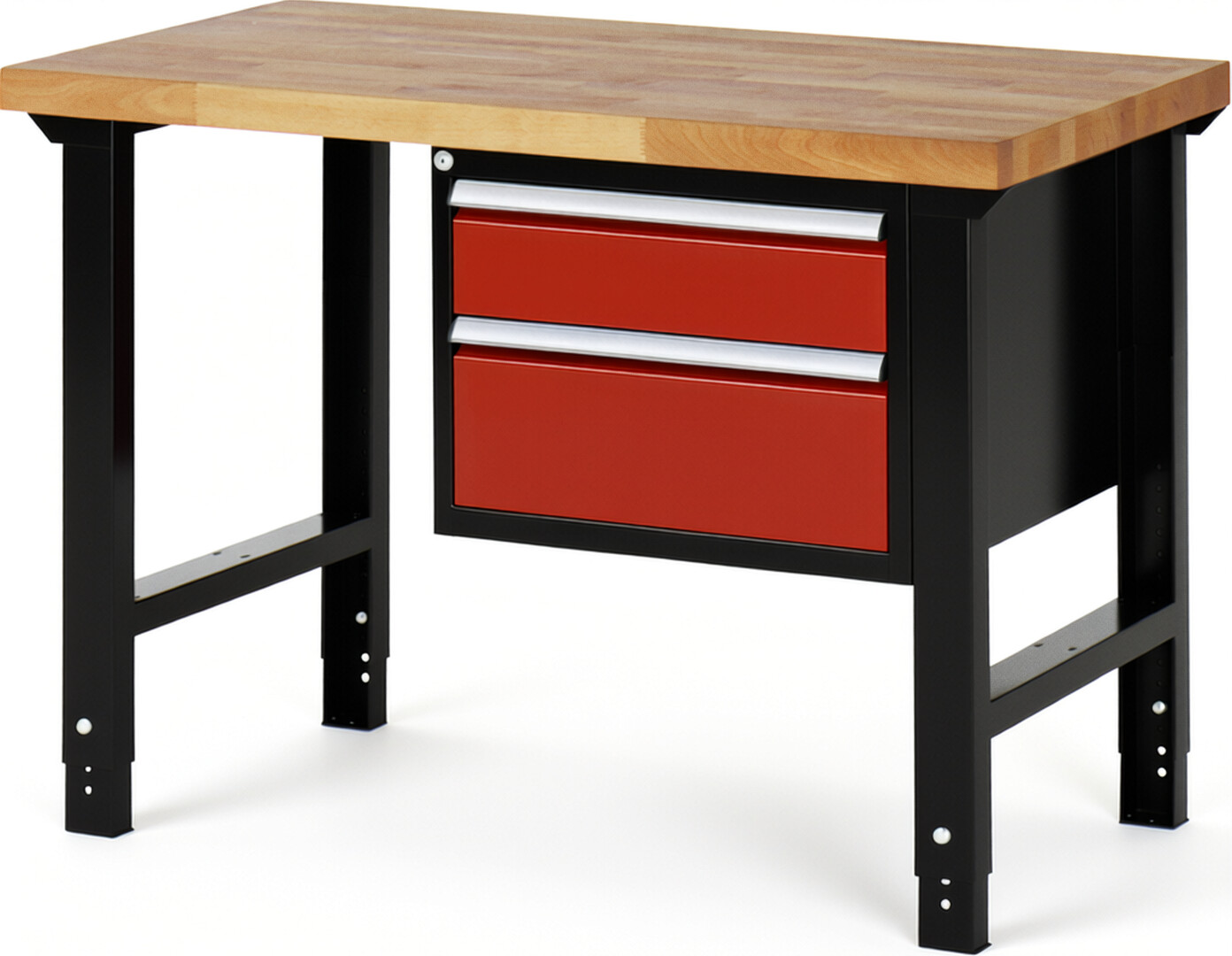 RAU Werkbank schwarz - rot - Breite 125 cm - Tiefe 70 cm - Höhe 114 cm - Buche-Massiv Arbeitsplatte 40 mm