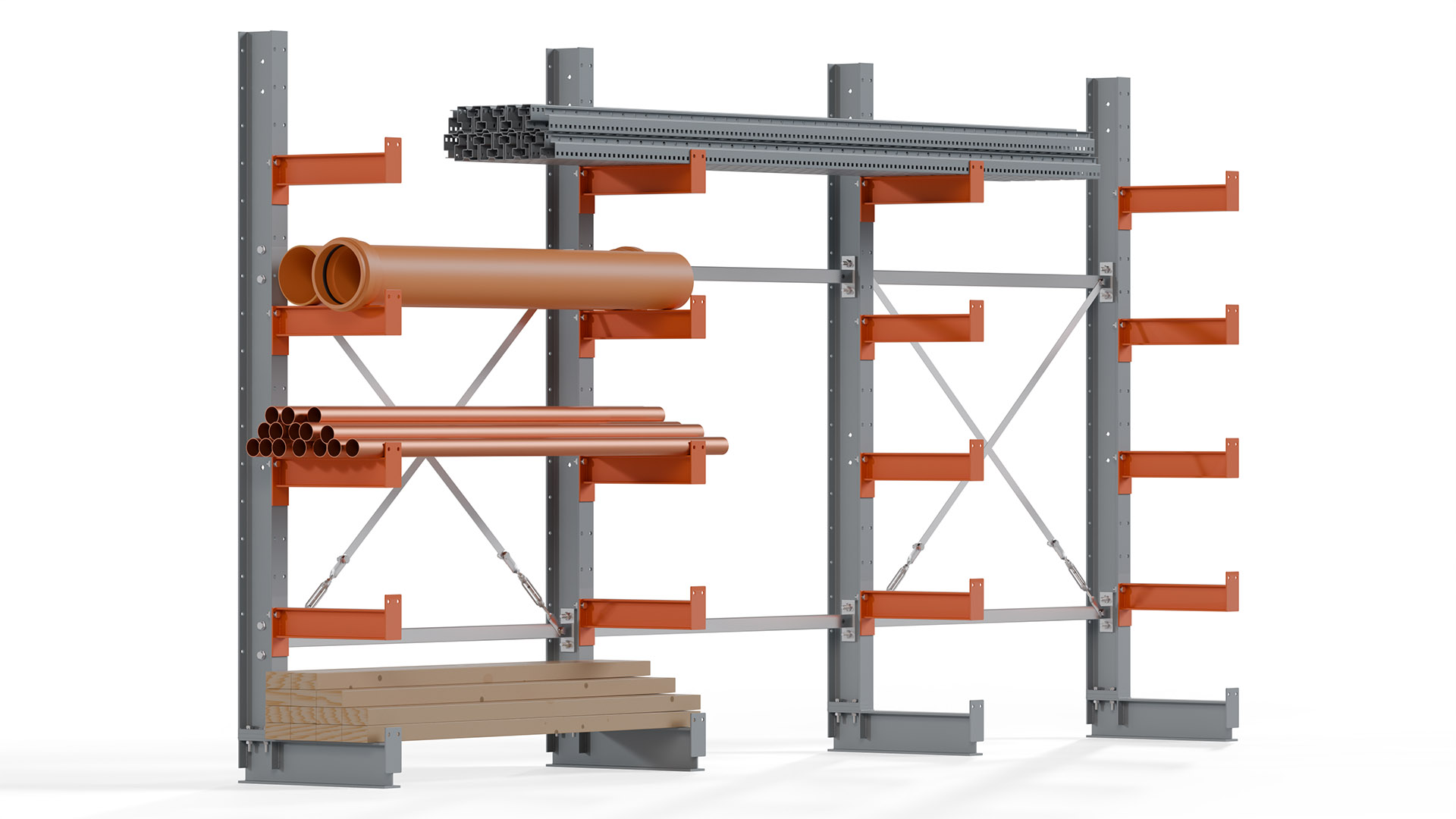 Kragarmregal KARL basic - lackiert - Breite: 384 cm - Höhe: 200 cm - Tiefe: 40 cm - Traglast je Kragarm: 1100 kg - einseitig