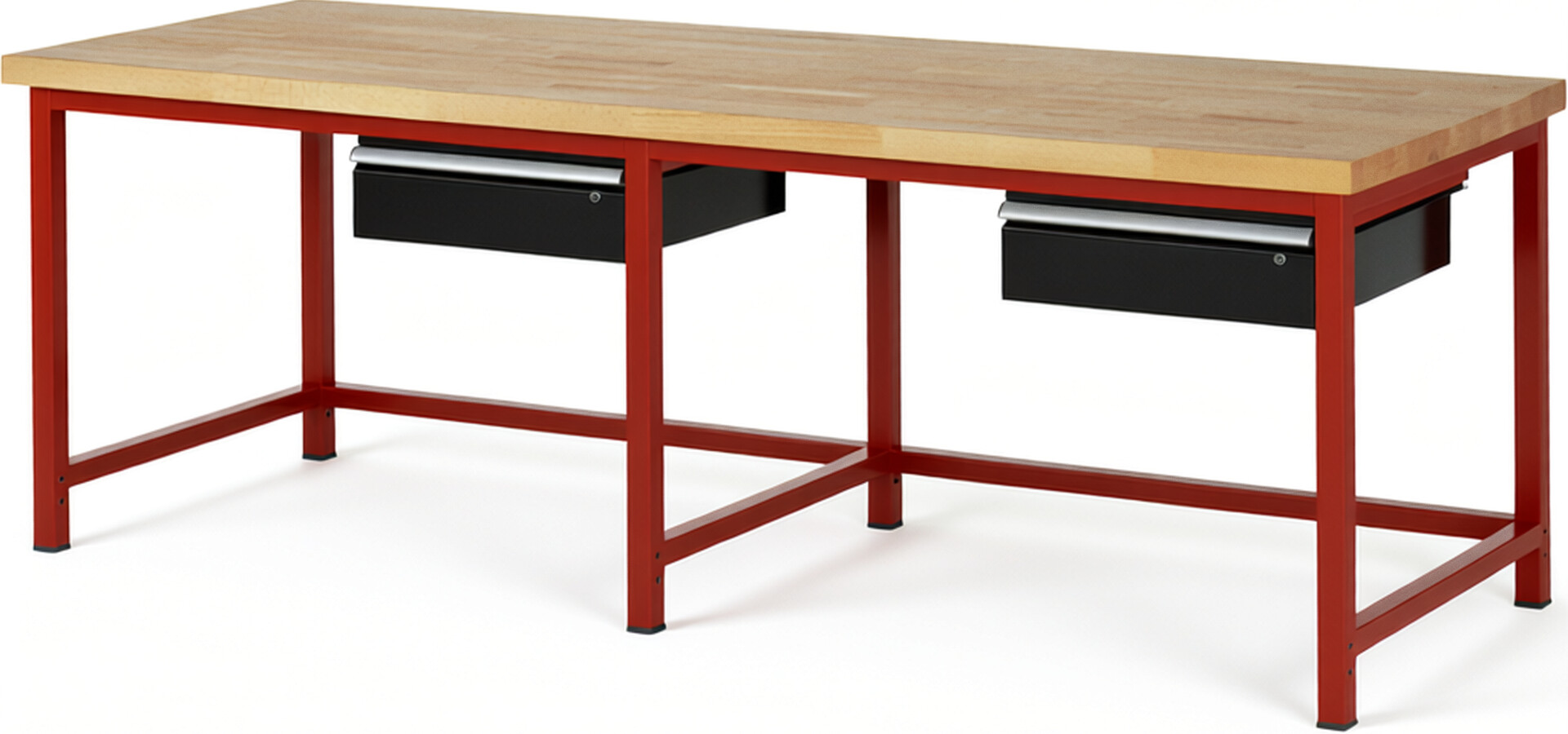 Werkbank Modell 8001 rot - schwarz, BxTxH 2500x900x840-1040 mm,  Buche-Massiv Arbeitsplatte 40 mm,  2 Schubladen mit  Auszug 90 %