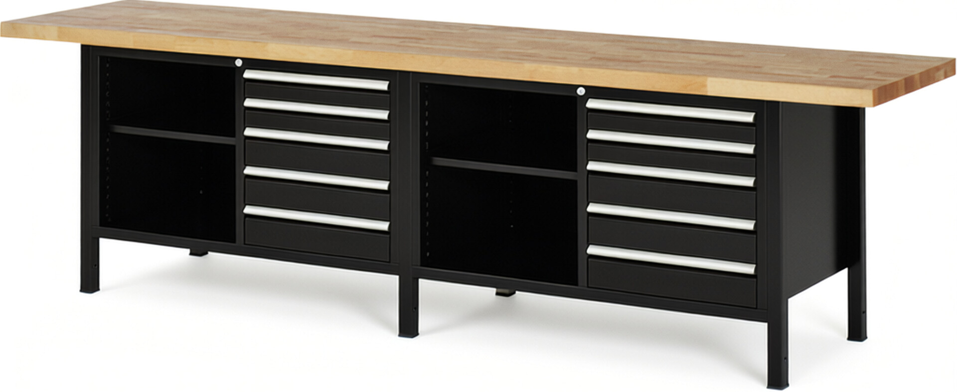 Werkbank Modell 8464 schwarz, BxTxH 3000x700x840 mm,  Buche-Massiv Arbeitsplatte 40 mm,  10 Schubladen mit  Auszug 90 %