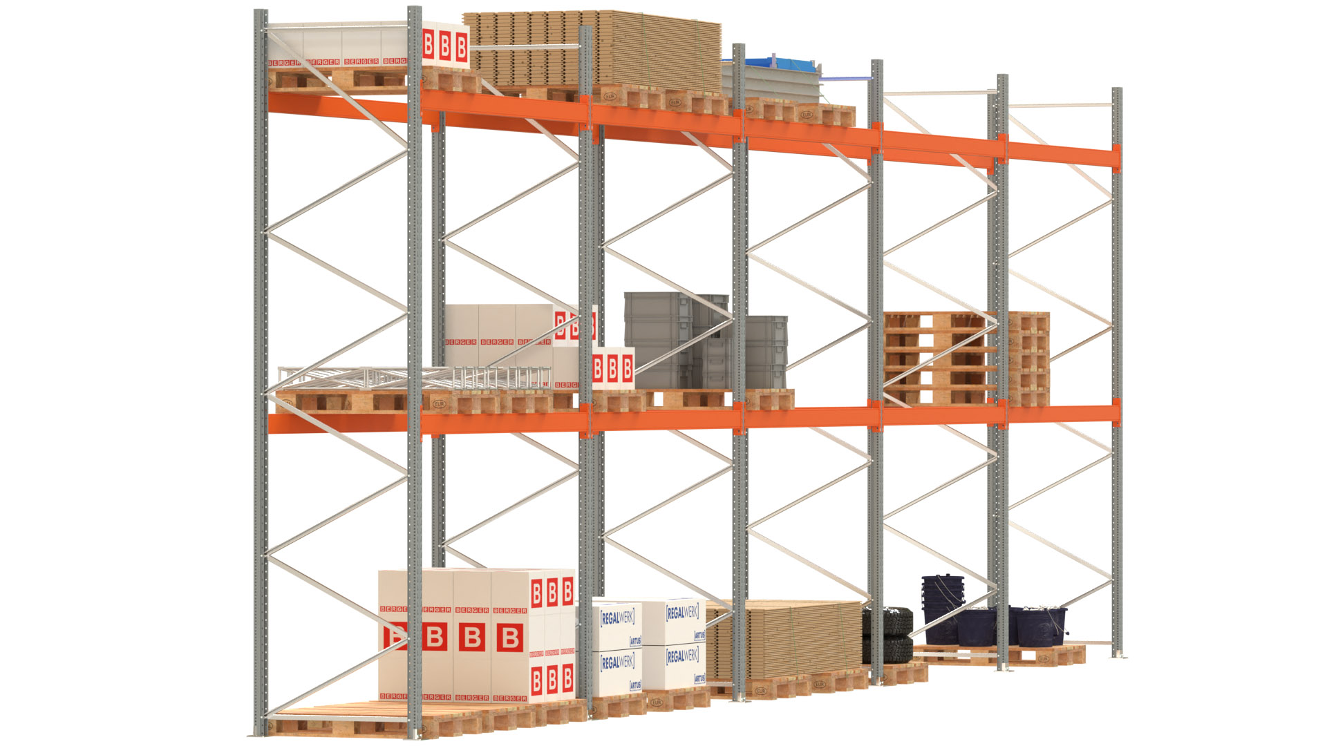 Palettenregal ARTUS - Breite 1401 cm - Höhe 450 cm - Tiefe 110 cm - 2 Träger-Ebenen - Fachlast 3000 kg - 45 Palettenstellplätze