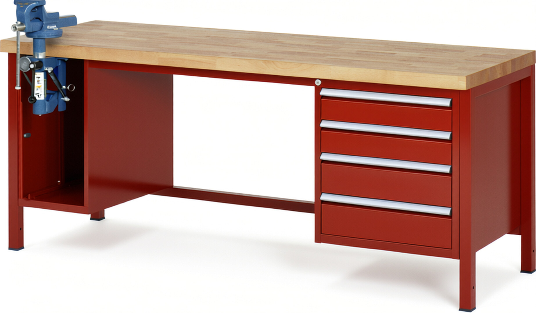 Werkbank Modell 8185 rot, BxTxH 2000x700x840-1040 mm,  Buche-Massiv Arbeitsplatte 40 mm,  4 Schubladen mit  Vollauszug 100 % und  SoftClosing