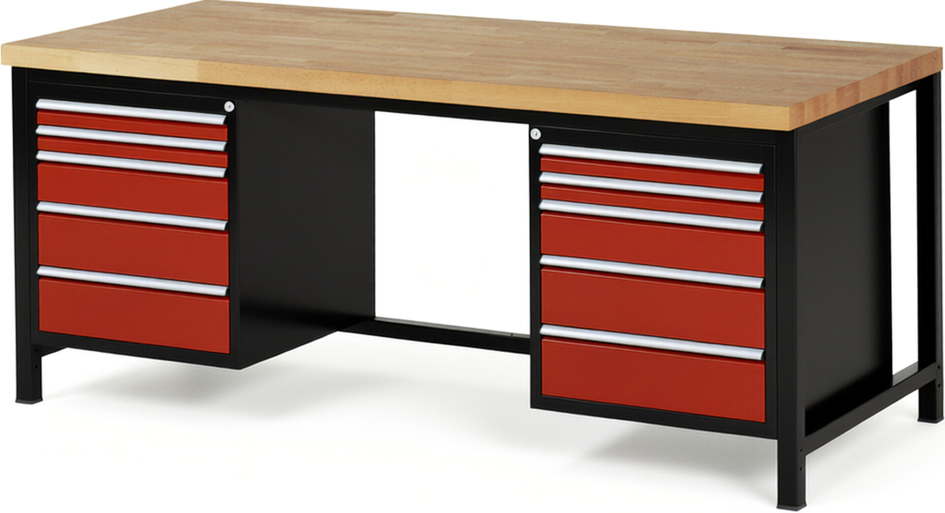 RAU Werkbank schwarz - rot - Breite 200 cm - Tiefe 90 cm - Höhe 104 cm - Buche-Massiv Arbeitsplatte 40 mm