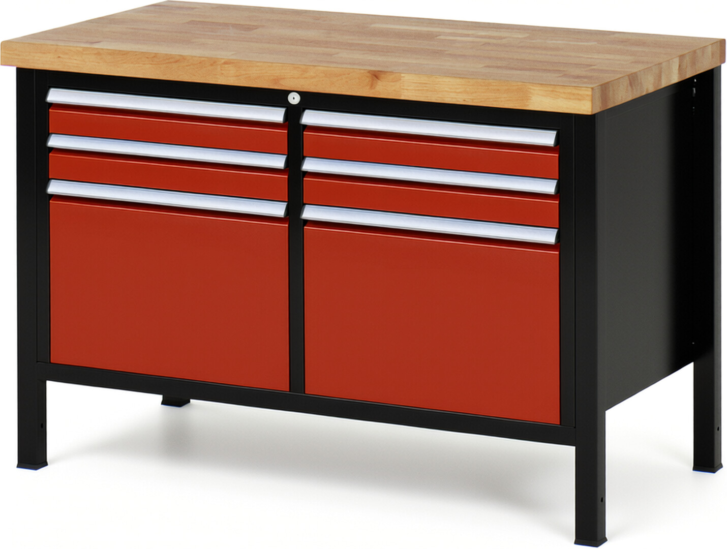 RAU Werkbank schwarz - rot - Breite 125 cm - Tiefe 70 cm - Höhe 104 cm - Buche-Massiv Arbeitsplatte 40 mm