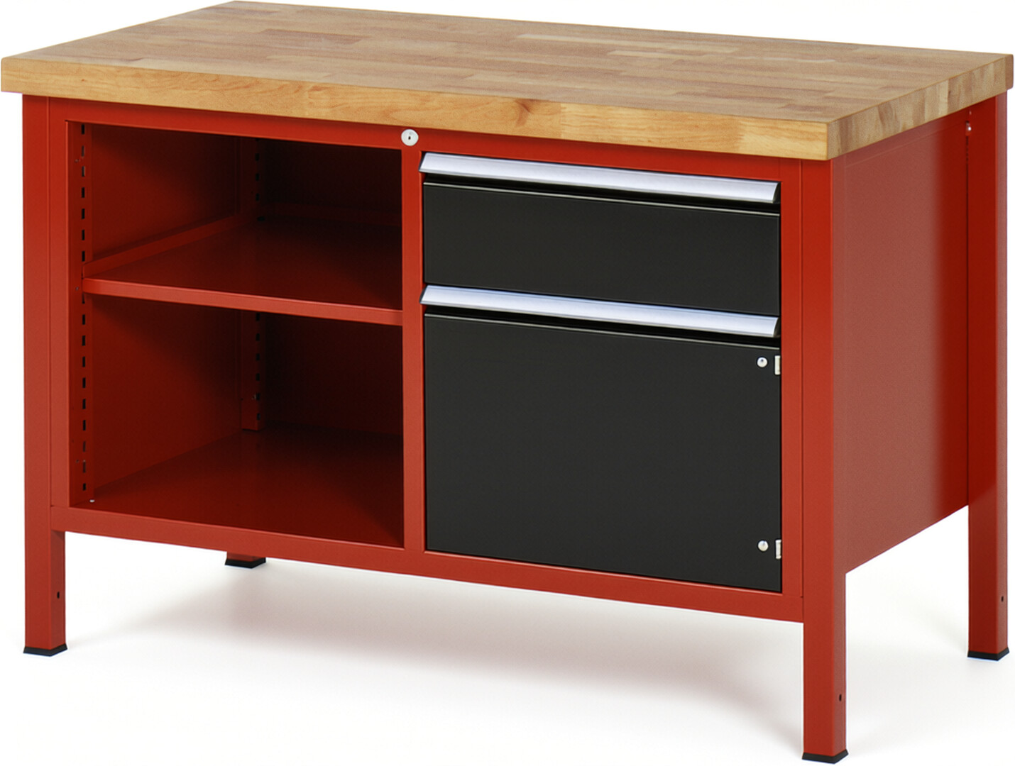 Werkbank Modell 8461 rot - schwarz, BxTxH 1250x700x840 mm,  Buche-Massiv Arbeitsplatte 40 mm,  1 Schublade mit  Auszug 90 %