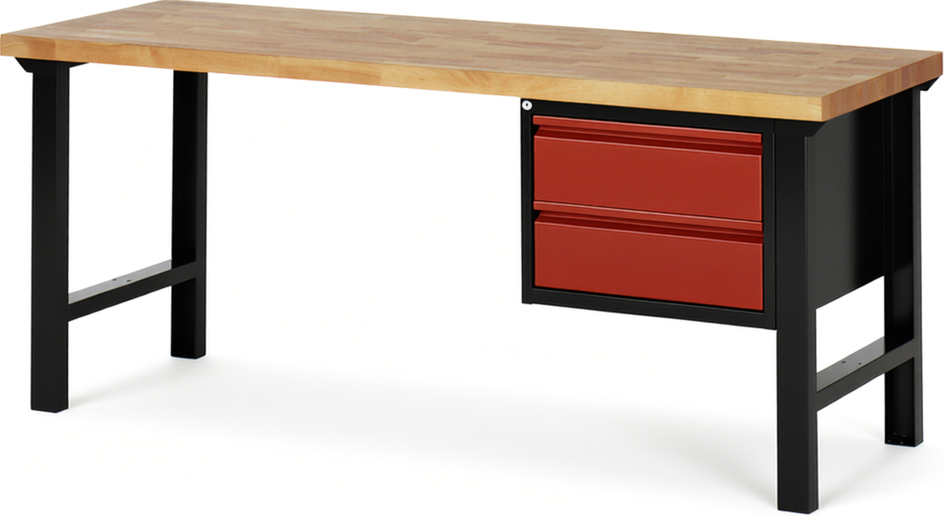 Werkbank schwarz - rot, Breite 200 cm, Tiefe 70 cm, Höhe 84 cm, 2 Schublade(n), Platte: Buche-Massiv-Arbeitsplatte