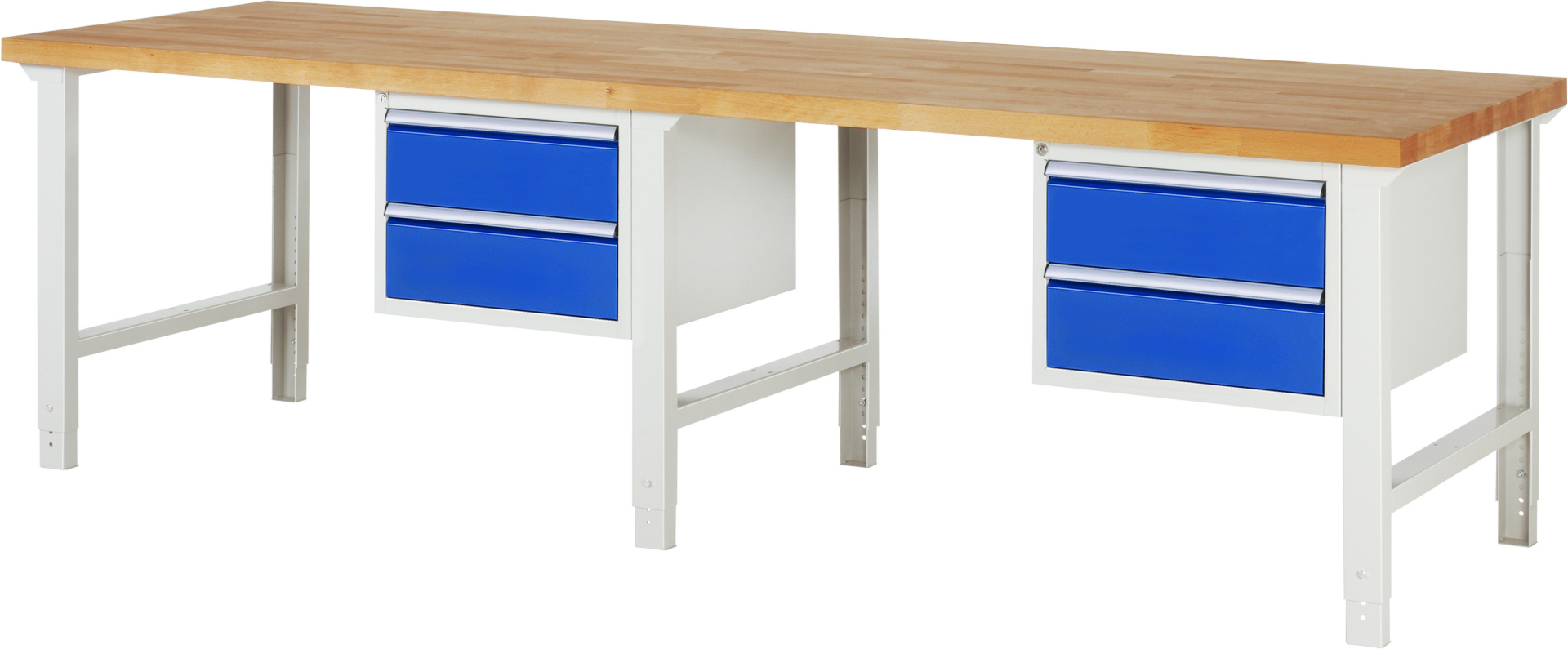 Werkbank Modell 7125 schwarz, BxTxH 3000x900x790-1140 mm,  Buche-Massiv Arbeitsplatte 40 mm,  4 Schubladen mit  Auszug 90 %