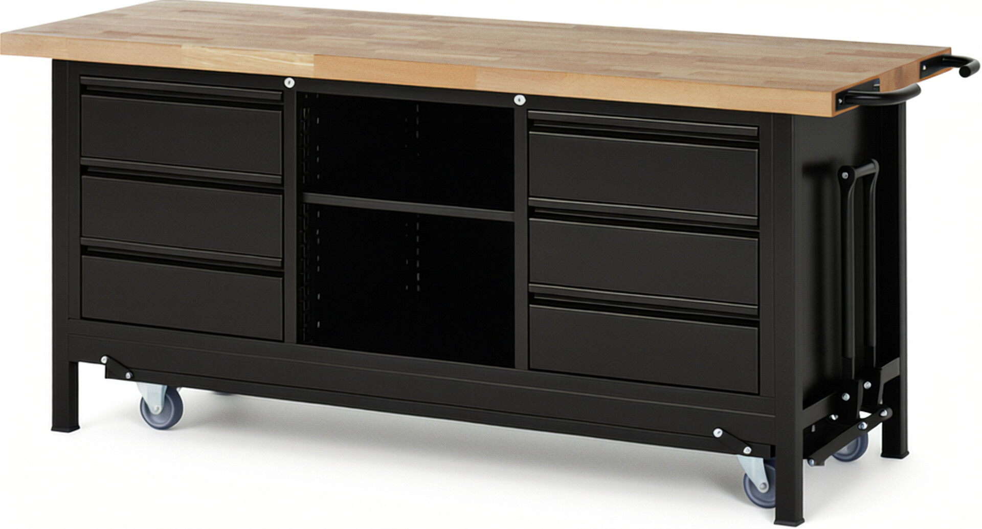 Absenkbare Werkbank - Modell 8581 BASIC schwarz, BxTxH 2000x700x880 mm,  Buche-Massiv Arbeitsplatte 40 mm,  6 Schubladen mit  Auszug 90 %