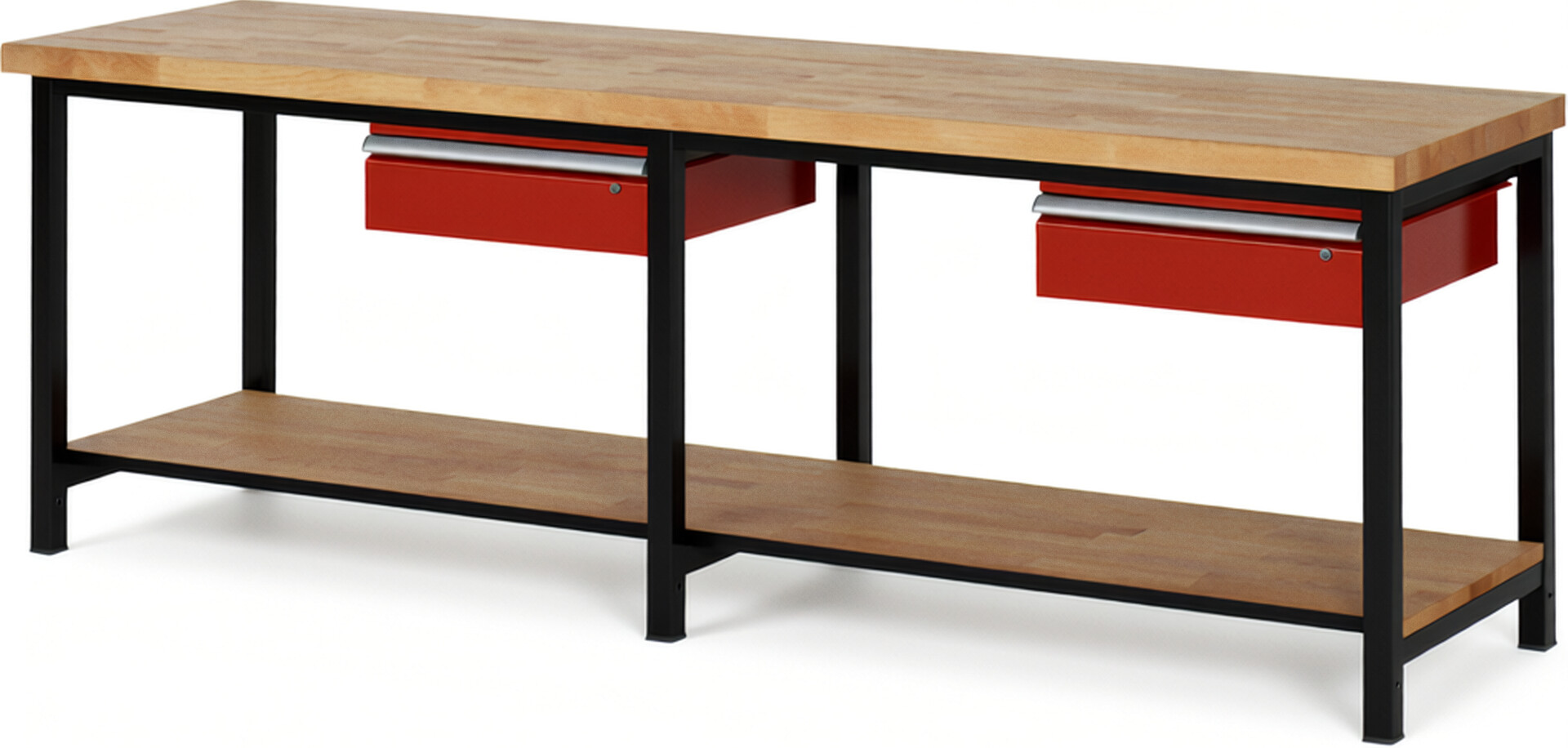 RAU Werkbank schwarz - rot - Breite 250 cm - Tiefe 70 cm - Höhe 104 cm - Buche-Massiv Arbeitsplatte 40 mm