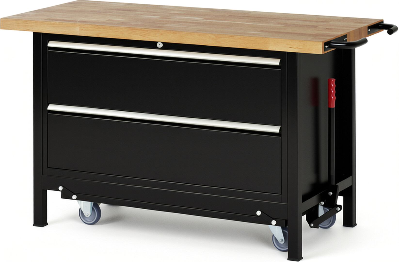 Absenkbare Werkbank Modell 8355 schwarz, BxTxH 1500x700x880 mm,  Buche-Massiv Arbeitsplatte 40 mm,  2 Schubladen mit  Auszug 90 %