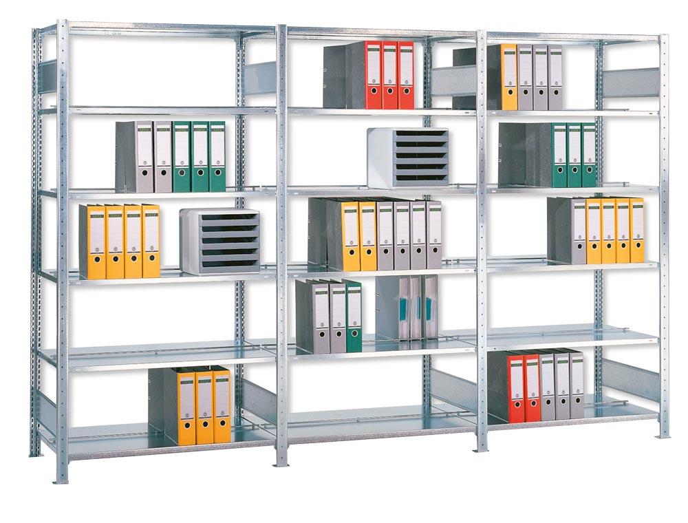 Lagerregal, Steckregal, Anbaufeld, verzinkt, 5 Fachböden, ohne Anschlagleiste, Fachlast 85 kg, BxTxH 750x300x1800 mm