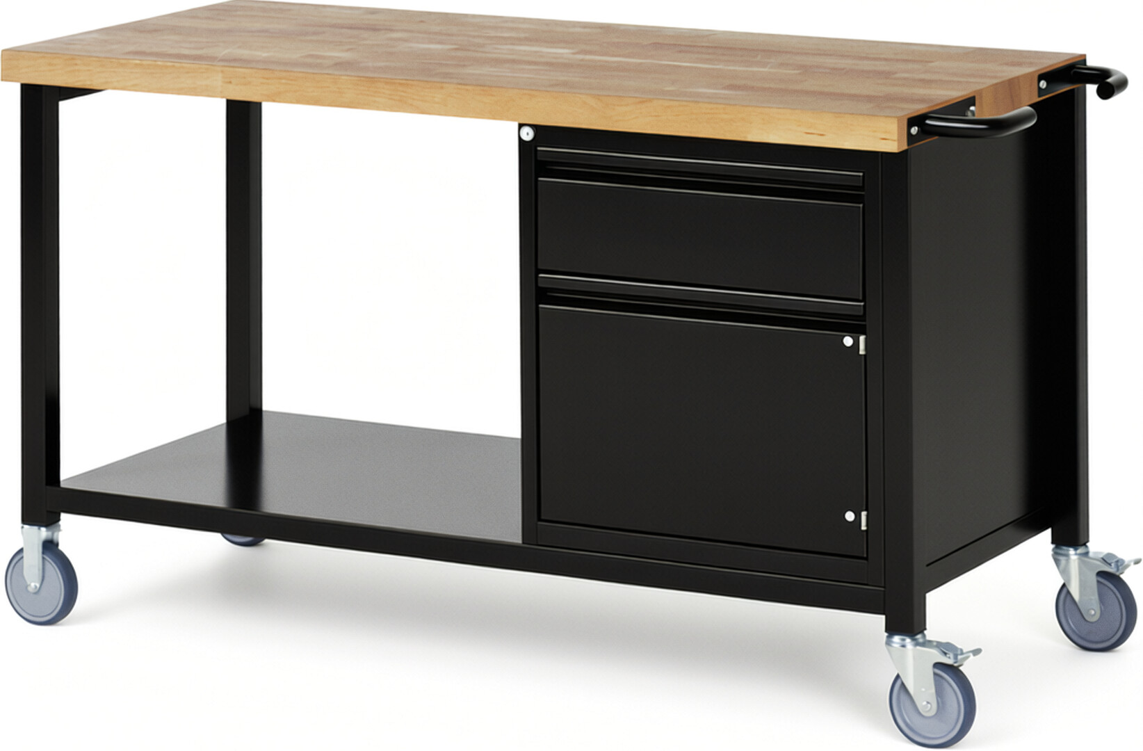 Fahrbare Werkbank - Modell 8152 BASIC schwarz, BxTxH 1500x700x880 mm,  Buche-Massiv Arbeitsplatte 40 mm,  1 Schublade mit  Auszug 90 %