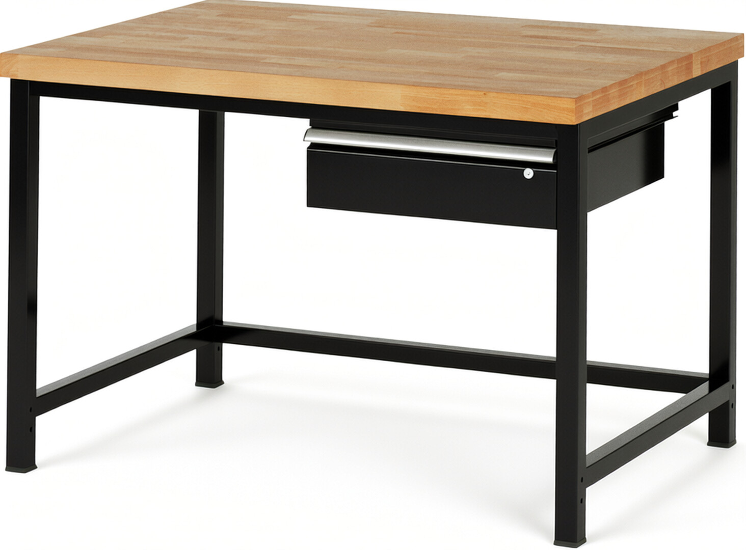 Werkbank Modell 8001 schwarz, BxTxH 1250x900x840-1040 mm,  Buche-Massiv Arbeitsplatte 40 mm,  1 Schublade mit  Auszug 90 %