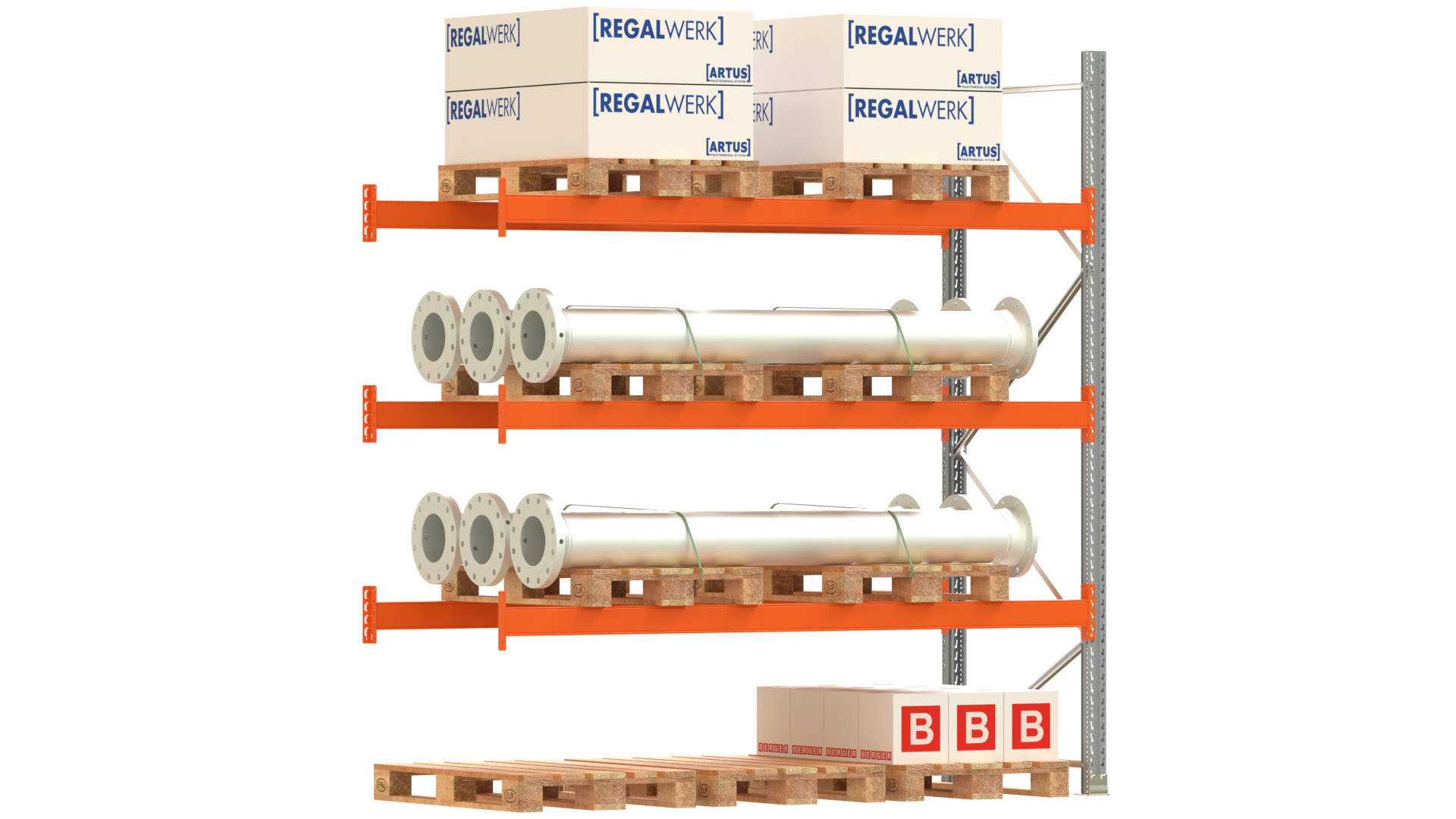 Palettenregal ARTUS - Anbaufeld - Breite 278,5 cm - Höhe 300 cm - Tiefe 110 cm - 3 Träger Ebenen
