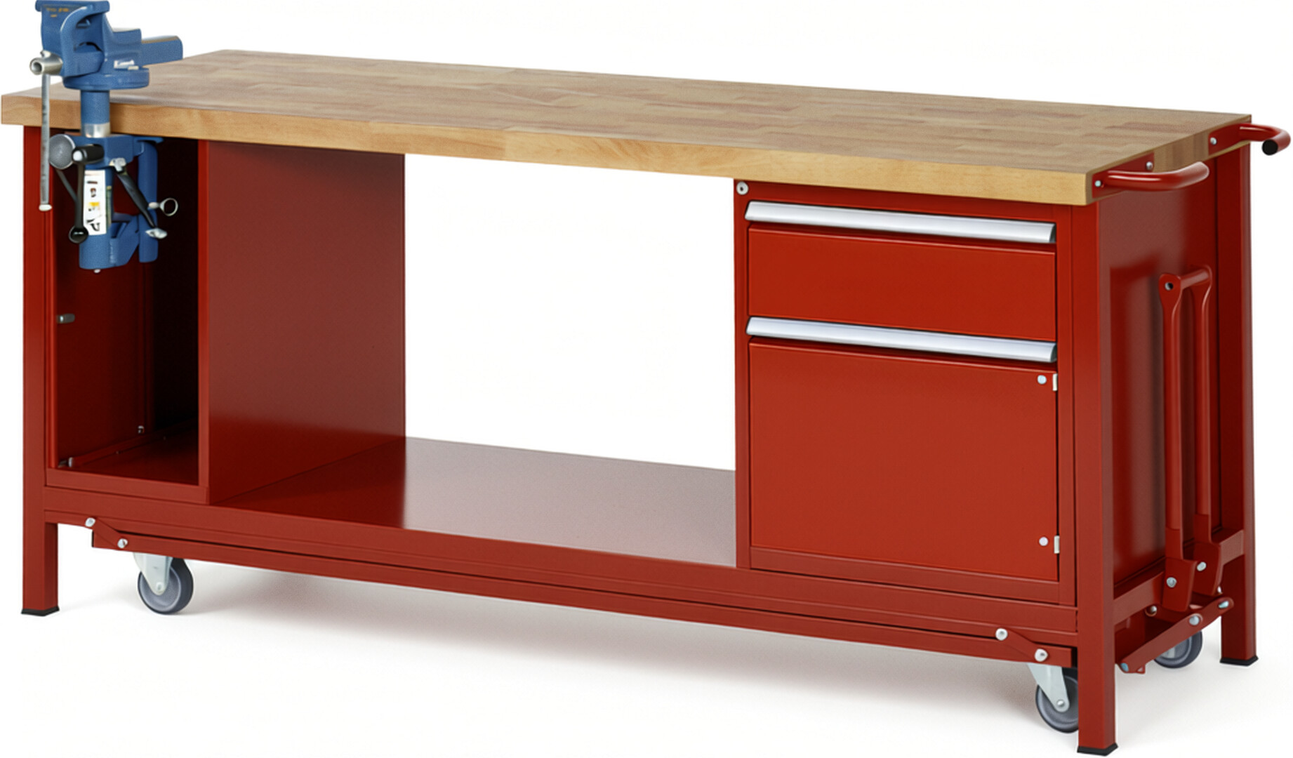 Absenkbare Werkbank Modell 8181 rot, BxTxH 2000x700x880 mm,  Buche-Massiv Arbeitsplatte 40 mm,  1 Schublade mit  Vollauszug 100 % und  SoftClosing
