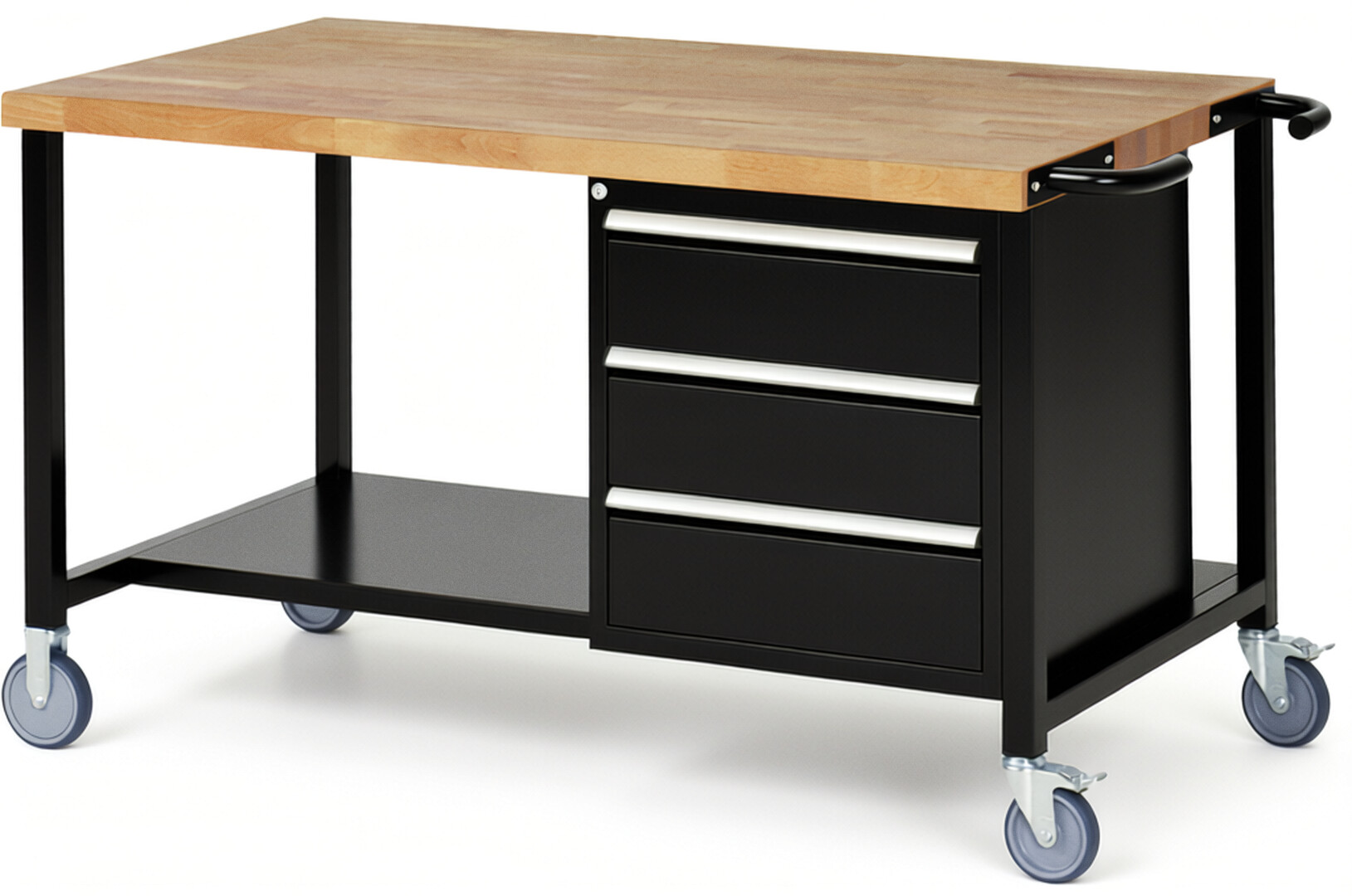 RAU Werkbank schwarz - Breite 150 cm - Tiefe 90 cm - Höhe 108 cm - Buche-Massiv Arbeitsplatte 40 mm