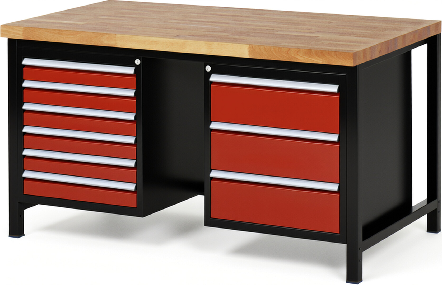 RAU Werkbank schwarz - rot - Breite 150 cm - Tiefe 90 cm - Höhe 84 cm - Buche-Massiv Arbeitsplatte 40 mm