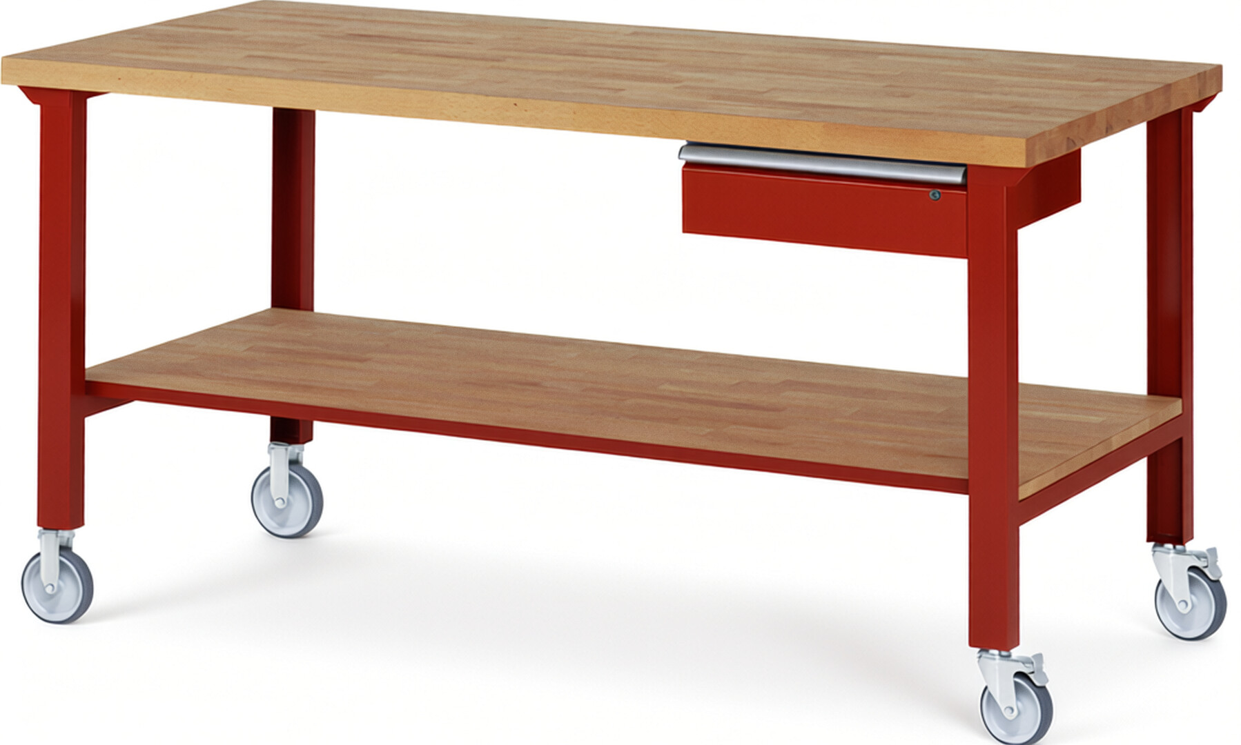 Fahrbare Werkbank Modell 7001 rot, BxTxH 2000x900x1000 mm,  Buche-Massiv Arbeitsplatte 40 mm,  1 Schublade mit  Auszug 90 %