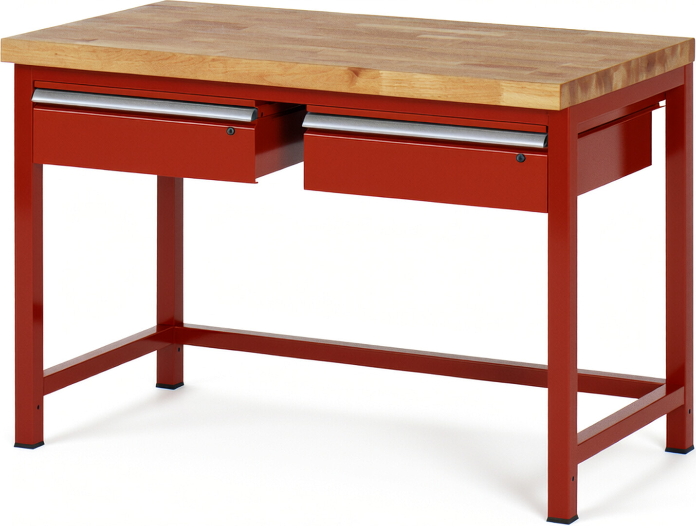 Werkbank Modell 8002 rot, BxTxH 1250x700x840-1040 mm,  Buche-Massiv Arbeitsplatte 40 mm,  2 Schubladen mit  Auszug 90 %